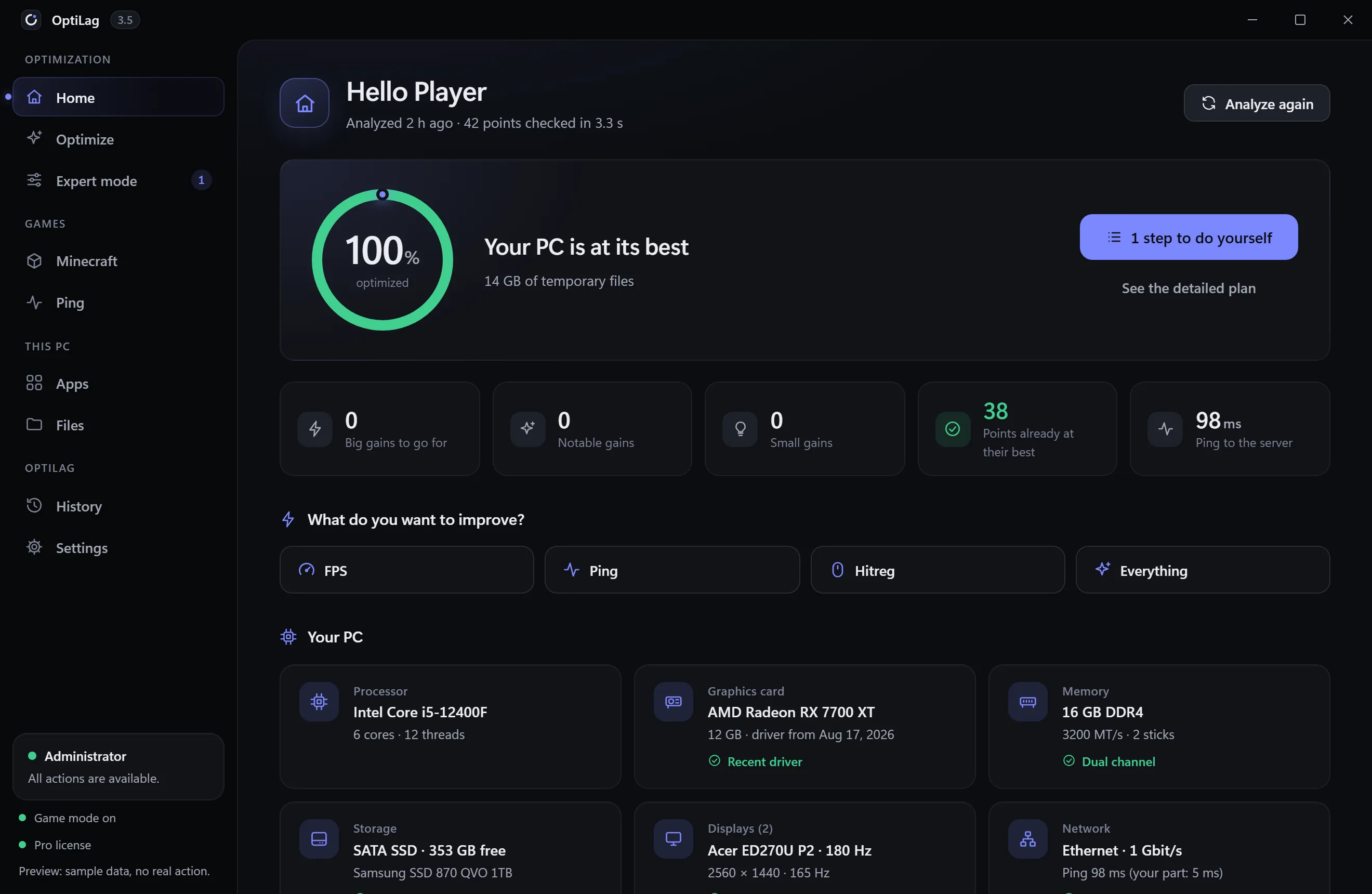 OptiLag home screen: optimization score, the FPS, Ping and Hitreg goals, and the detected hardware