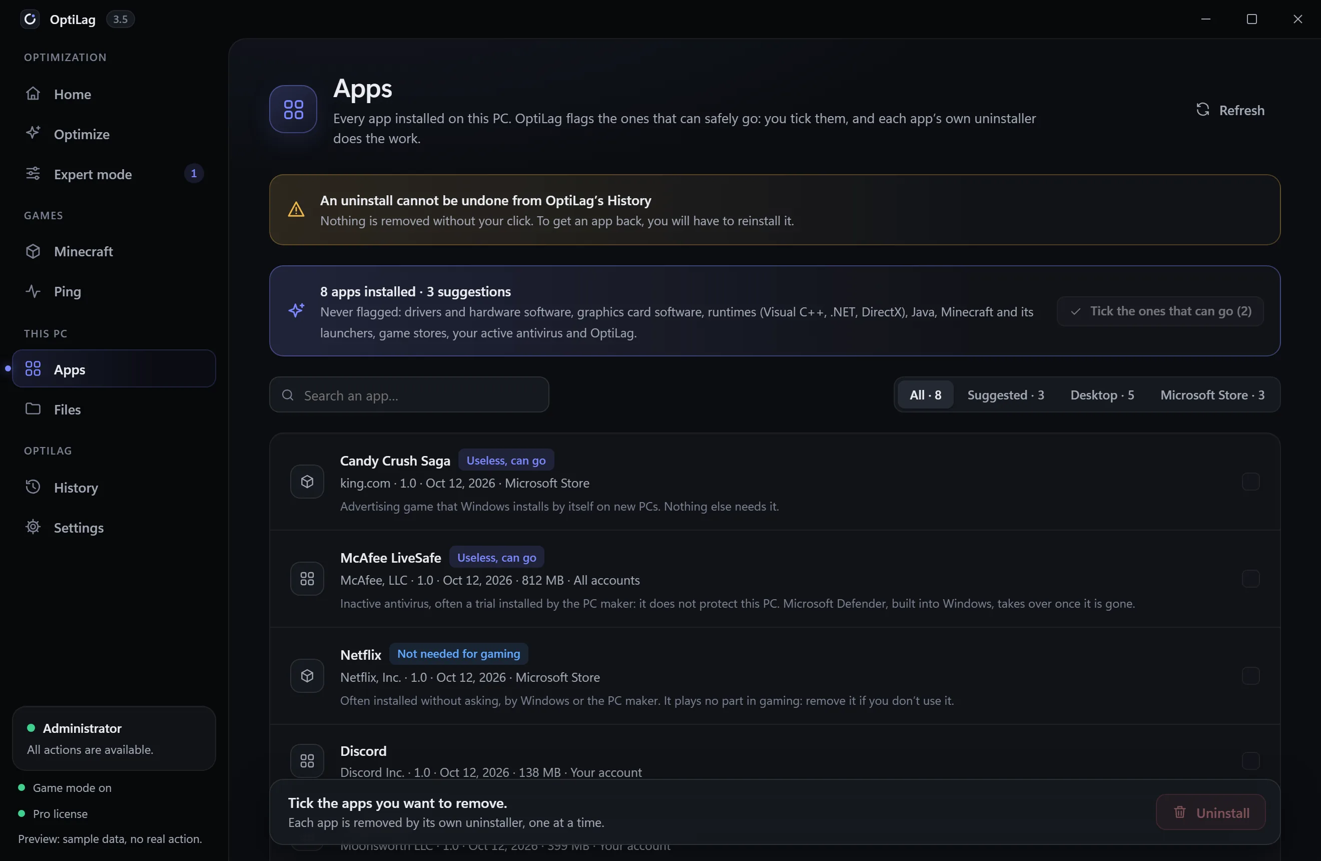 Apps screen: 8 apps installed, 3 suggestions such as Candy Crush Saga and McAfee LiveSafe, each removed by its own uninstaller