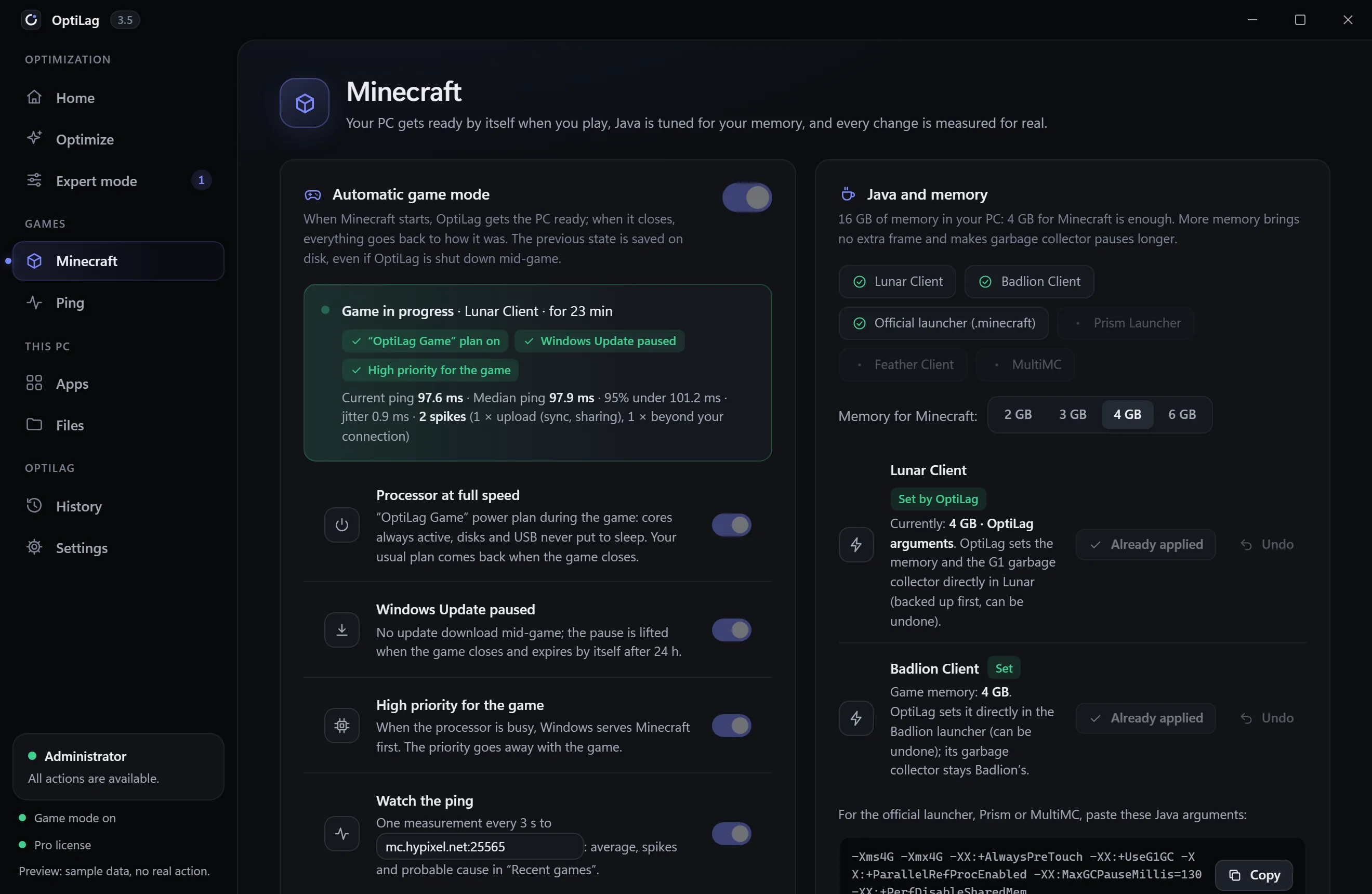 OptiLag Minecraft page: automatic game mode running on Lunar Client, Java and memory tuned for Lunar and Badlion