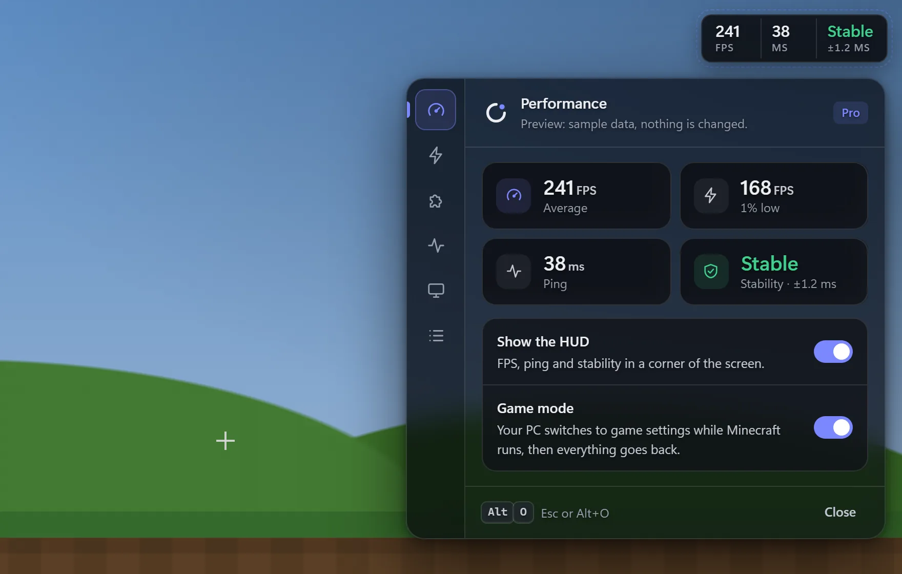 In-game panel over Minecraft: 241 FPS on average, 168 FPS 1% low, 38 ms ping, stable; HUD and game mode turned on; the HUD in the top right corner