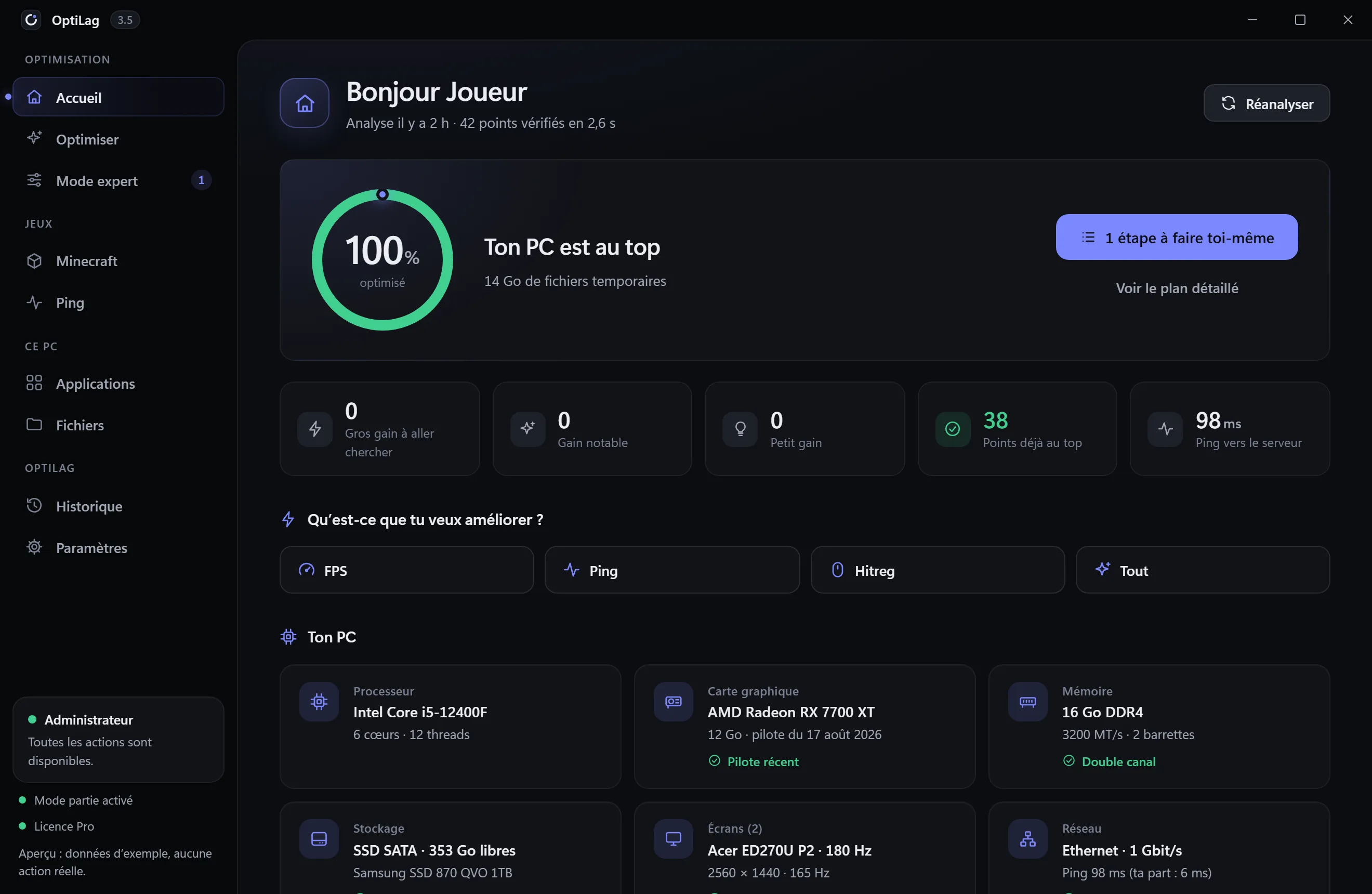Accueil d’OptiLag : score d’optimisation, les buts FPS, Ping et Hitreg, et les composants détectés