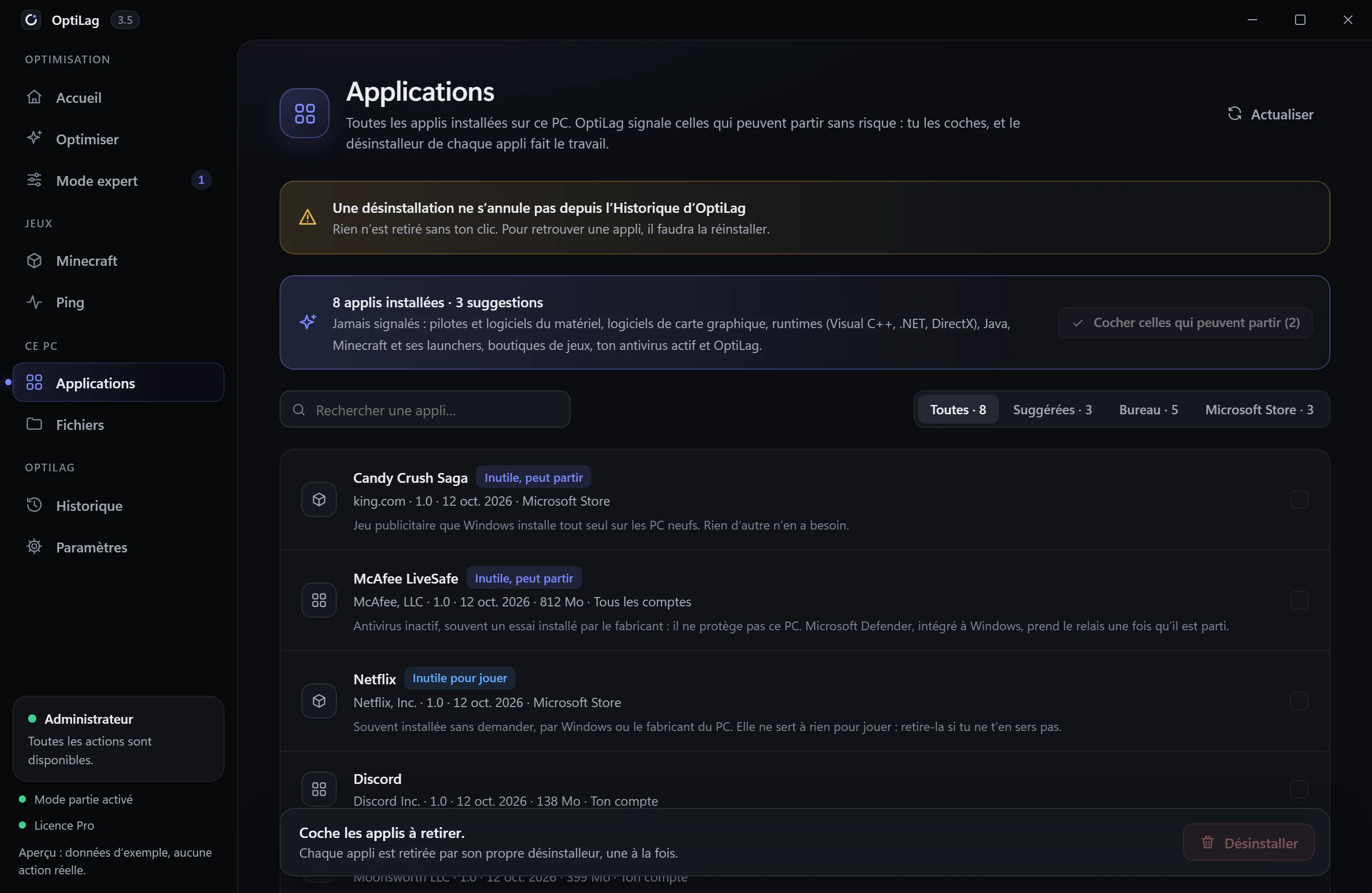 Écran Applications : 8 applis installées, 3 suggestions comme Candy Crush Saga et McAfee LiveSafe, chacune retirée par son propre désinstalleur