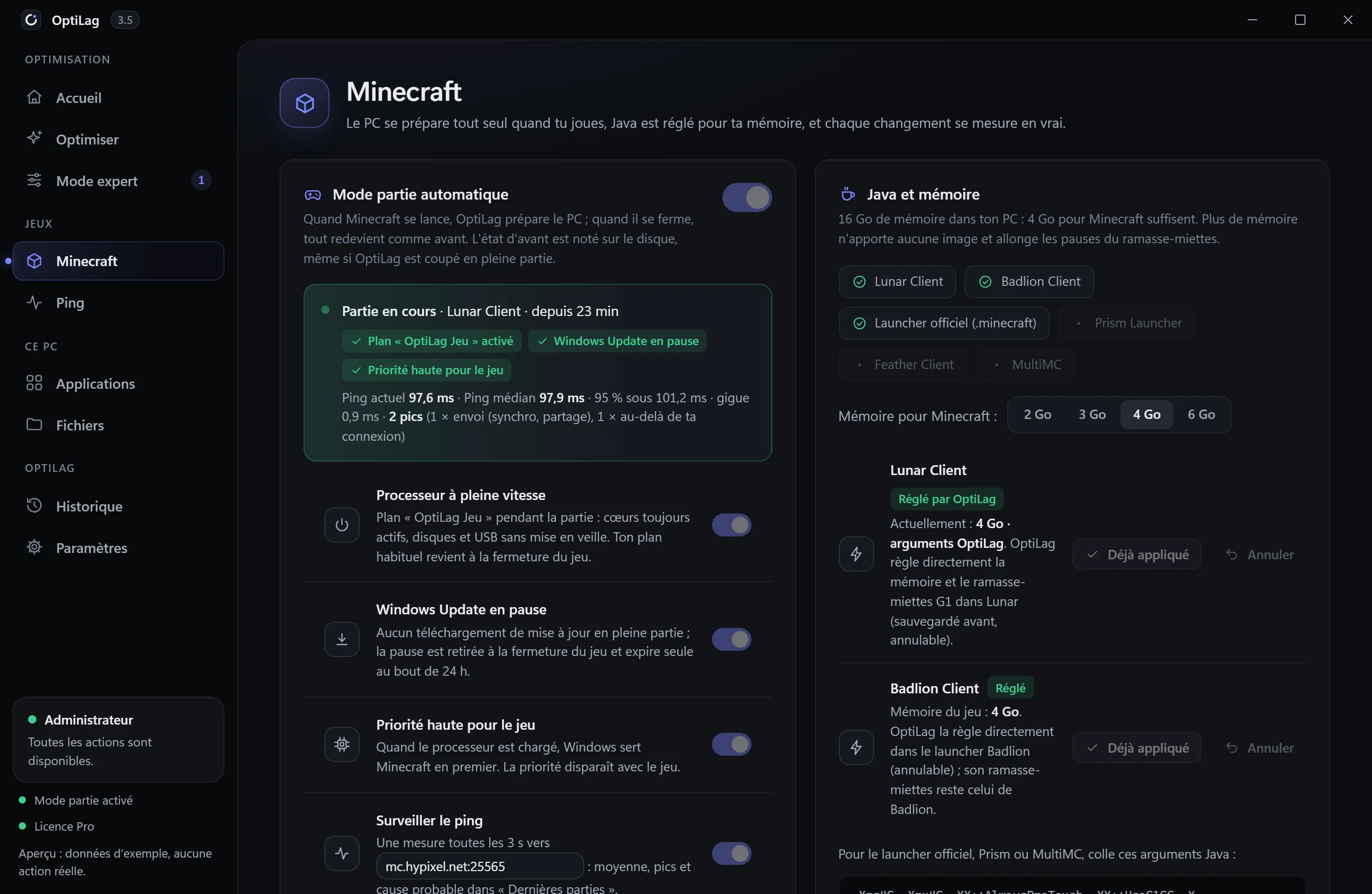 Page Minecraft d’OptiLag : mode partie automatique en cours sur Lunar Client, Java et mémoire réglés pour Lunar et Badlion
