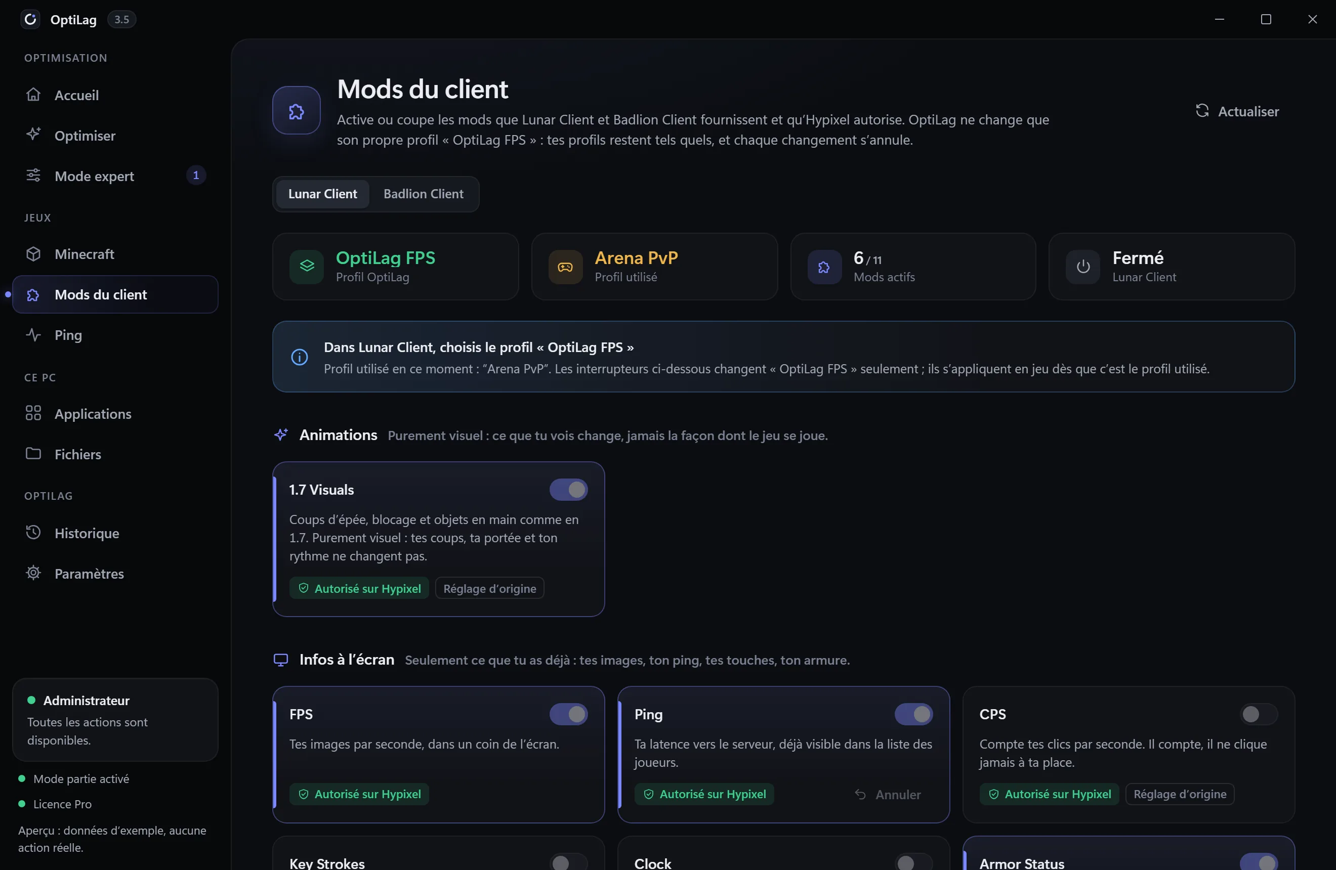 Écran Mods du client : le profil « OptiLag FPS » dans Lunar Client, Animations 1.7, FPS et Ping activés, chacun marqué « Autorisé sur Hypixel »