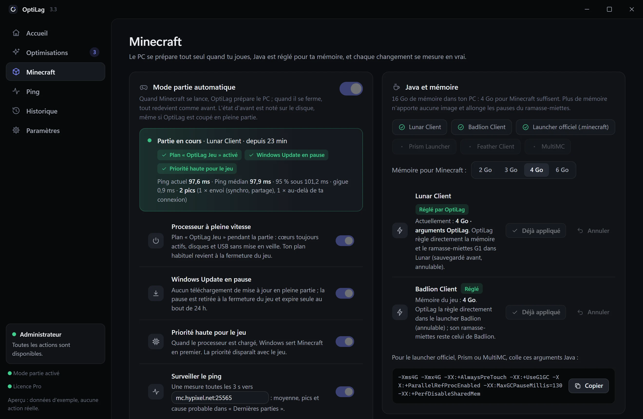 Page Minecraft d’OptiLag : mode partie automatique en cours sur Lunar Client, Java et mémoire réglés pour Lunar et Badlion