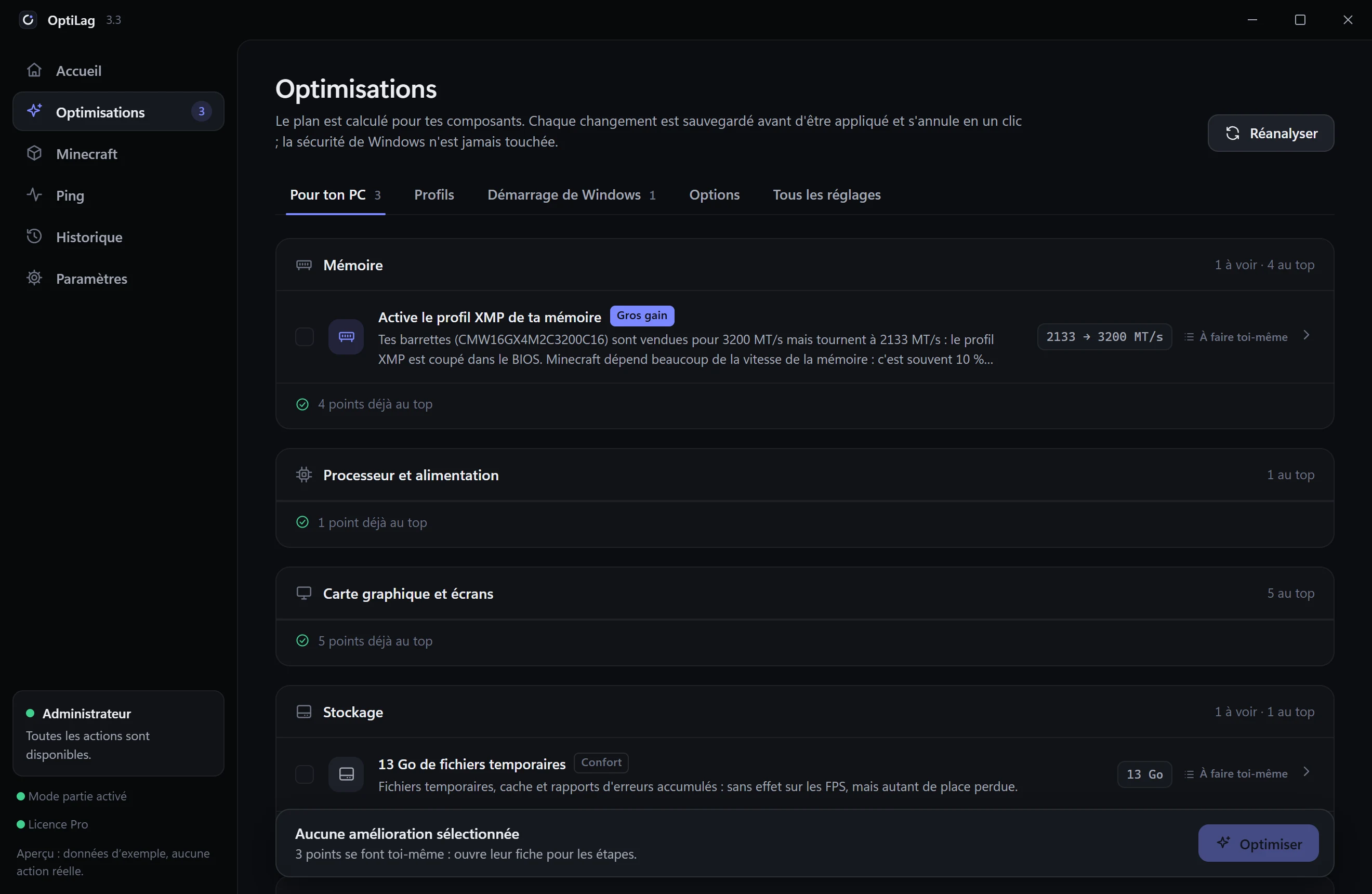 Plan d’optimisation d’OptiLag : activer le profil XMP de la mémoire, gros gain, de 2133 à 3200 MT/s